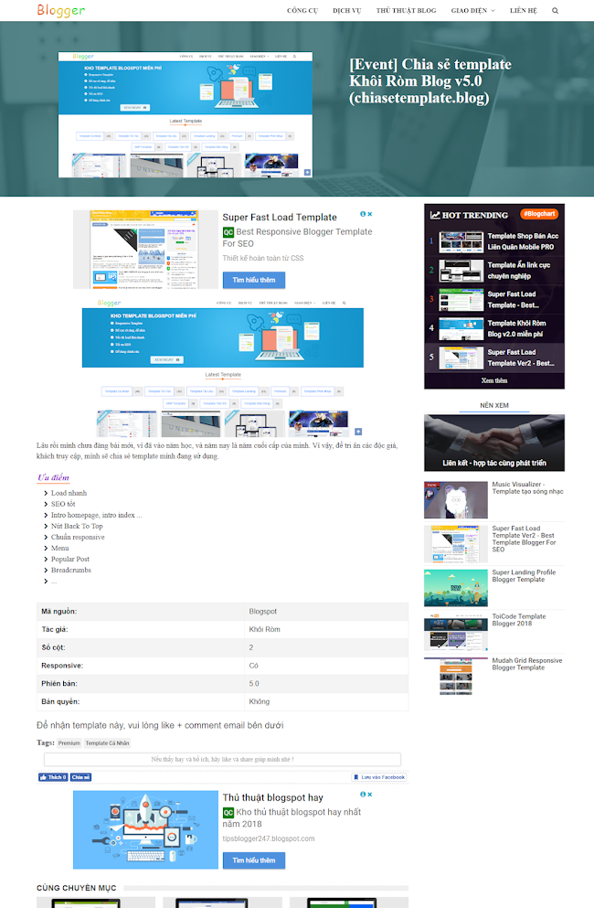 Chia sẻ Template Blogspot Khôi Ròm V5.0 mới nhất
